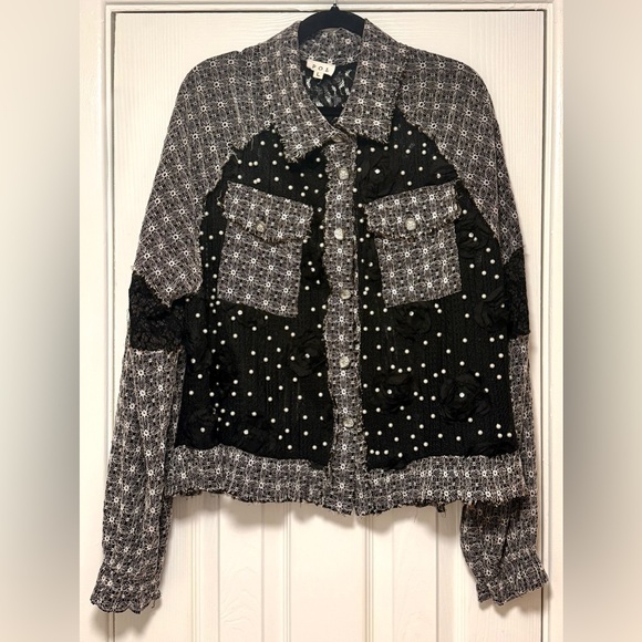 POL Eyelet Flower Pearl Detail Lace Patchwork Shirt or Shacket. - Picture 11 of 12